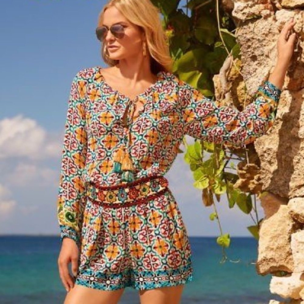 NWT Boston Proper Belted Tile Printed Romper M & L